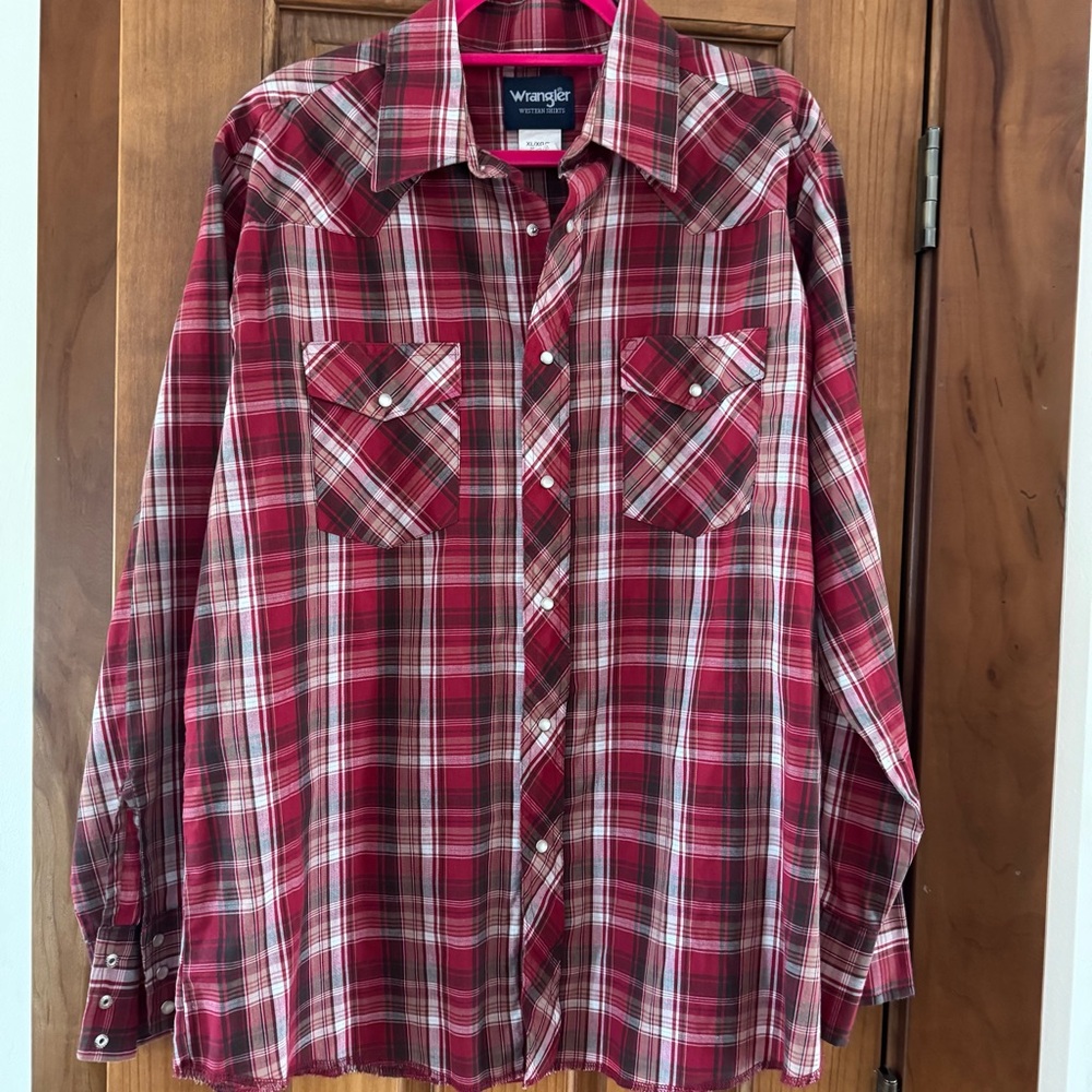Vintage Wrangler Pearl Snap Western Shirt Mens XL Red Plaid Cowboy Rodeo 90s